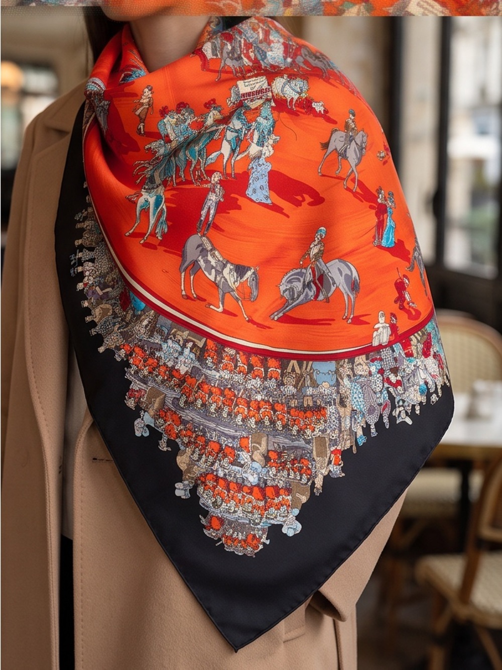 Authentic Hermes Silk SCARF on an orange background, black border, Philippe